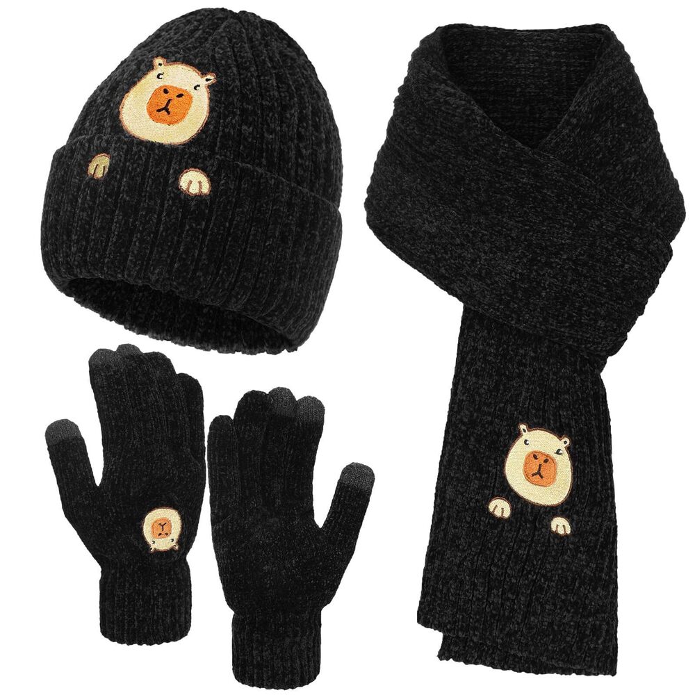 3381 Winter Knit Warm Hat Capybara Beanie Long Scarf Touch Screen Gloves
